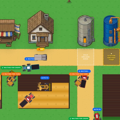 A top-down farm with several automated machines working fields at once