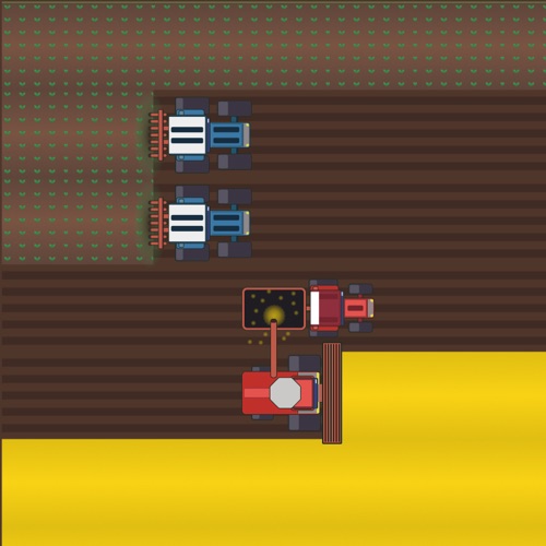 A tractor plowing and a harvester cutting a field side by side in Loopy Farm